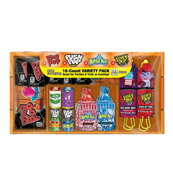 Halloween Ring Pops, Juicy Drop, Baby Bottle, Push, Assorted Flavor Lollipops, Variety Pack, 12.4 oz, 18 Count Box