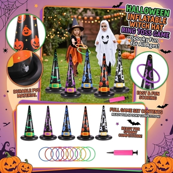 Halloween Ring Toss Game Set, 5Pcs Inflatable Witch Hat Ring Toss Game with 10 Plastic Rings and Air Pump, Super Fun Halloween Games for Family Party Supplies Halloween Decorations