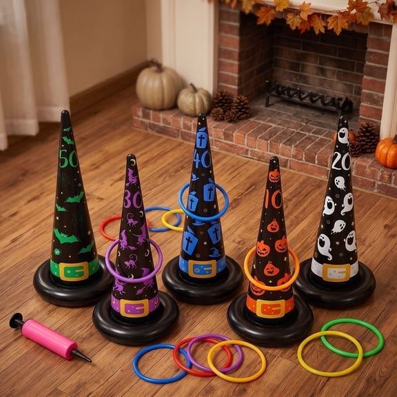 Halloween Ring Toss Game Set, 5Pcs Inflatable Witch Hat Ring Toss Game with 10 Plastic Rings and Air Pump, Super Fun Halloween Games for Family Party Supplies Halloween Decorations