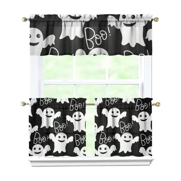 Halloween Rod Pocket Curtains Set - Witch Skull Gothic Design Tier Window Treatments for Kitchen and Bathroom