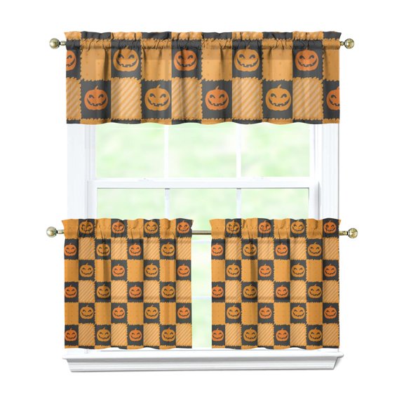 Halloween Rod Pocket Curtains Set - Witch Skull Gothic Design Tier Window Treatments for Kitchen and Bathroom