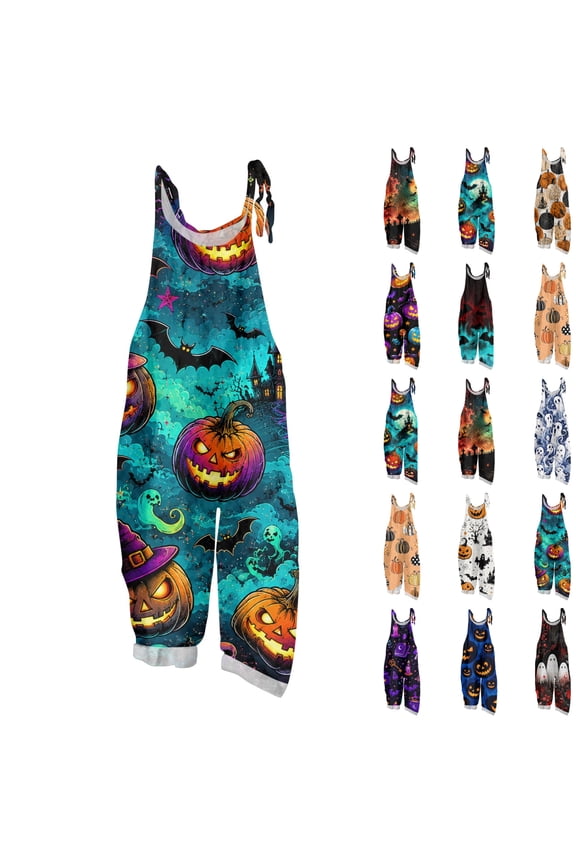 Halloween Rompers for Women Pumpkin Print Sleeveless Jumpsuit Wide Leg Pants One Piece Adjustable Strap Loose Casual Costume Outfit Party Wear,#01 Cyan,XL