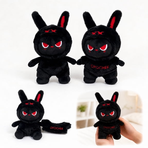 Halloween Room Decor, Goth Room Decor, Bunny Stuffed Animal, Halloween Gift, 16X8 in Soft Fuzzy Black Goth Rabbit Plush Doll with Removable Hooded Outfit, Perfect for Emo Bedroom
