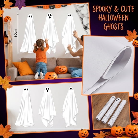 Halloween Room Decor, Halloween, Halloween Wall Art, Wall Decals Living Room, No Residue Self-Adhesive Pvc Removable Halloween Decals, 3 Pcs White Ghost Static Window Clings 36X17
