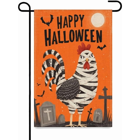 Halloween Rooster Garden Flag Double Sided Burlap Linen 12x18 In Outdoor Fall Yard Flag