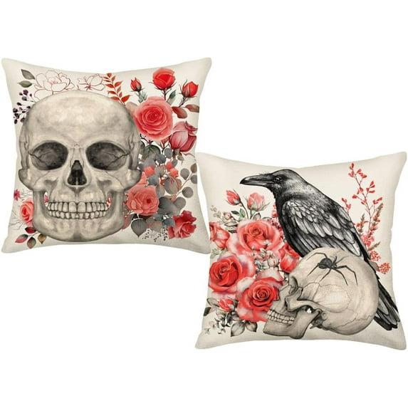 Halloween Rose Skull Pillow Covers 18x18 Inch Set of 2 Vintage Skull Raven Crow Floral Decorative Pillow Cases Fall Pillows Halloween Decorations Cushion Covers for Sofa Couch