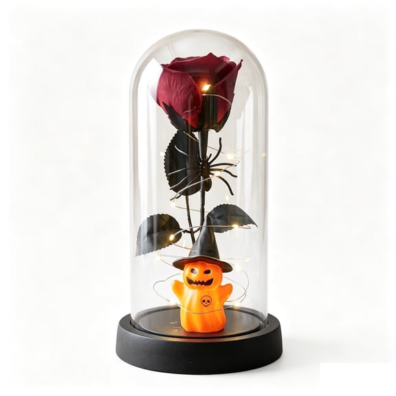 Halloween Rose in Glass Dome LED Light, Spooky Red Rose Lamp with Pumpkin Ghost String Lights, Halloween Rose Lamp for Shelf Mantel Bedroom Decor