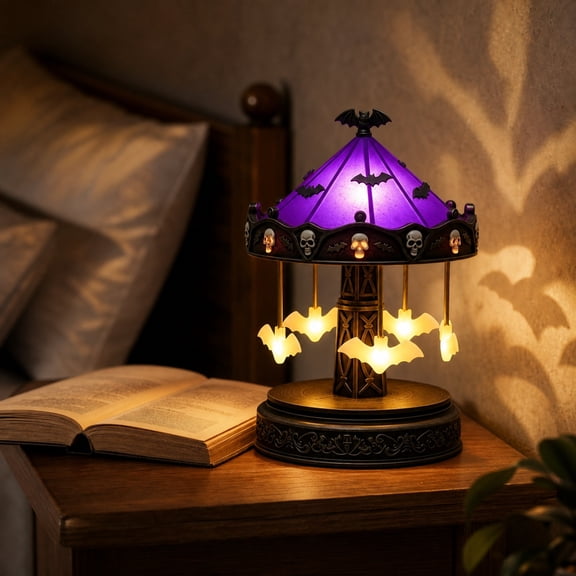 Halloween Rotating Carousel Night Light, Gothic Skull Bat Decorative Lamp, Resin Ornament Light, Auto-Rotating Ambient Design, for Home Mantel Tabletop Halloween Party Themed Decoration
