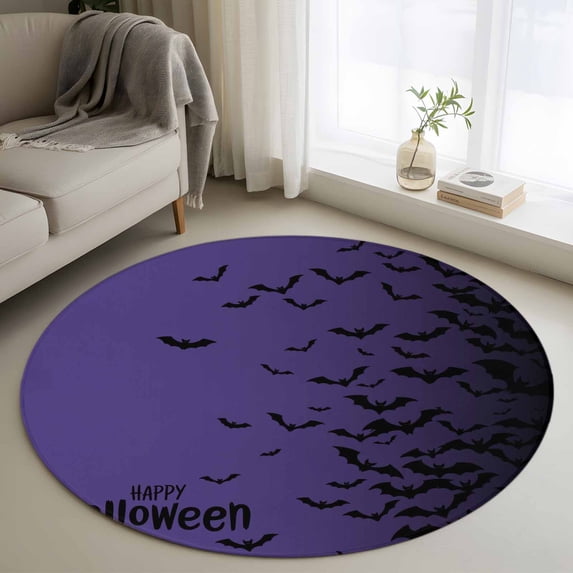 Halloween Round Area Rug 3.3Ft Washable Circle Rugs for Dining Room Table, Fall Horror Spooky Bats Gradient Black Purple Non-Slip Carpet Floor Mats Indoor Outdoor Carpet Runner Aesthetic Home Decor