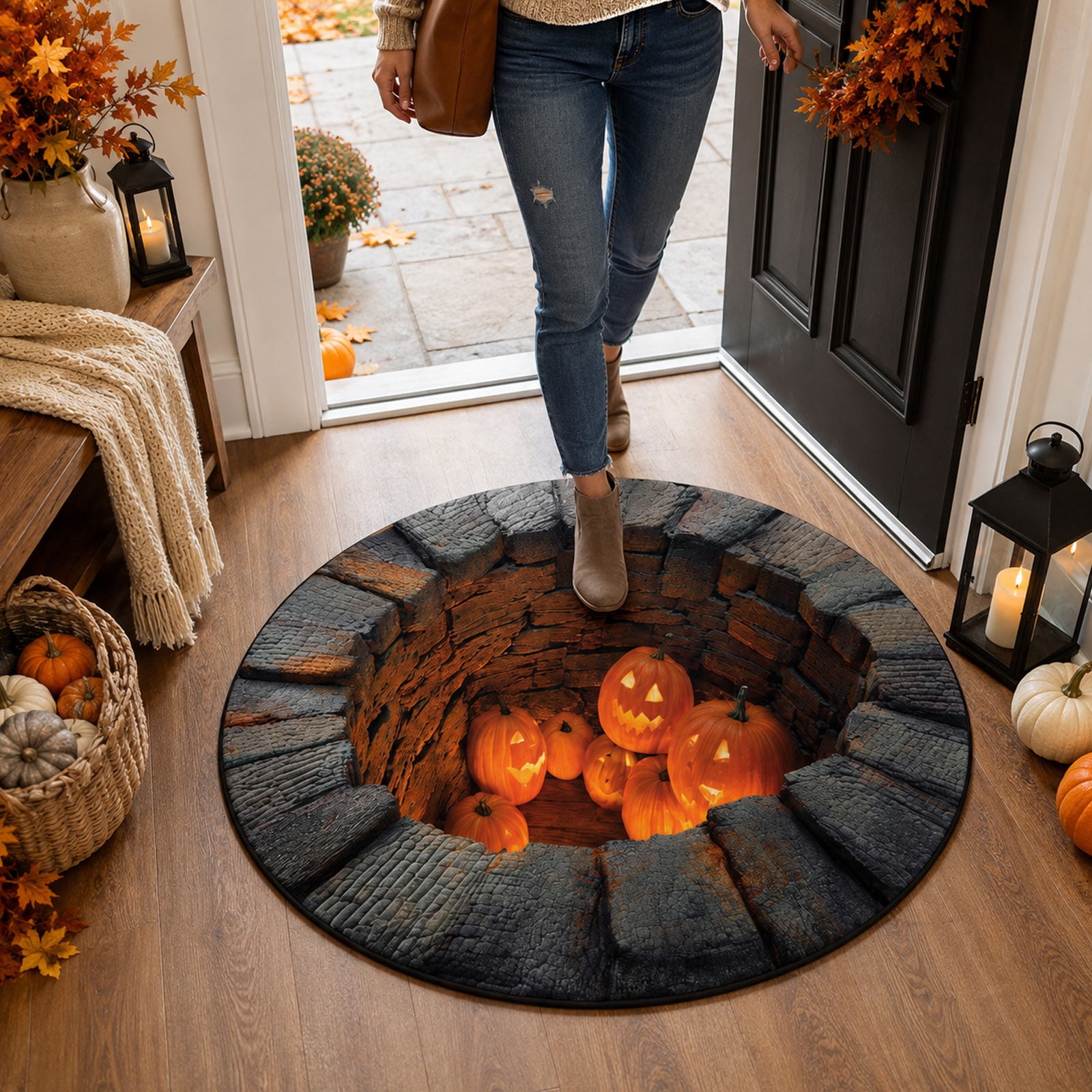 Young Well Rounded Halloween Round Area Rug 3D Printed Crystal Velvet Floor Mat, Glowing ...
