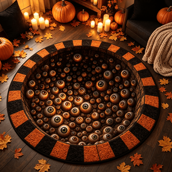 Halloween Round Area Rug 40in, Spooky Orange Mat with Haunted House Bat Spiderweb Pattern, Non-Slip Floor Decor For Front Door Entryway Or Party Centerpiece