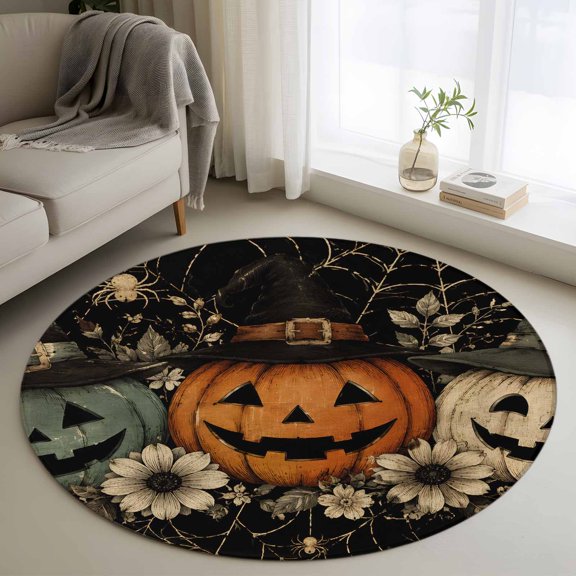 Halloween Round Area Rug 4ft, Evil Pumpkins Daisy Flowers Horrible Webs Washable Non-Slip Circle Rugs for Bedroom Living Room Kitchen, Soft Non Shedding Circle Carpet for Dining Room Dorm