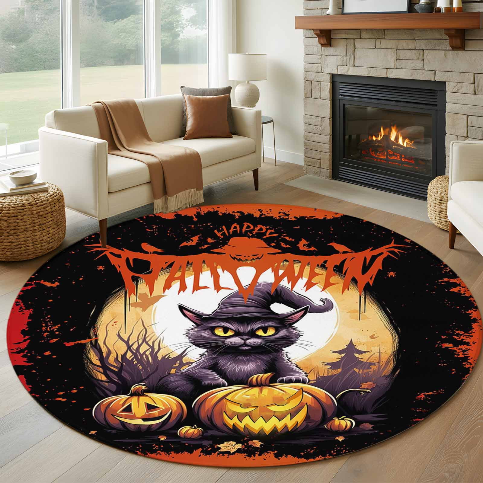 Halloween Round Area Rug 5 FT, Non Slip Bedroom Area Rug, Horror Black ...