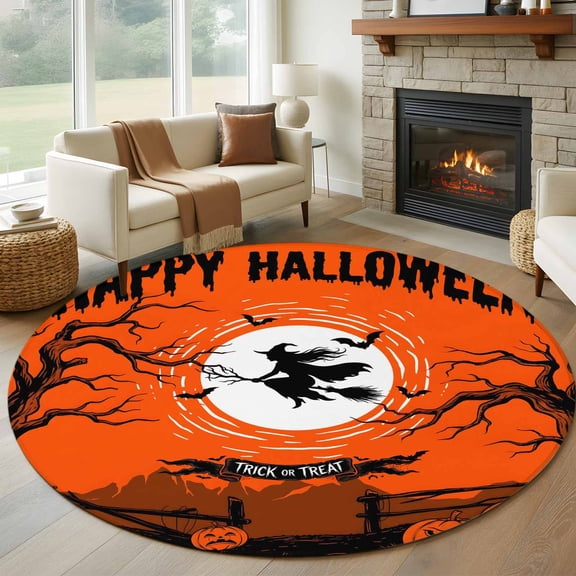 Halloween Round Area Rug 6Ft Washable Circle Rugs for Bathroom Office, Fall Spooky Horror Witches Pumpkins Orange Non-Slip Carpet Floor Mats Indoor Outdoor Carpet Runner Aesthetic Home Decor