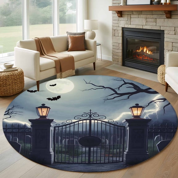 Halloween Round Area Rug 6Ft Washable Circle Rugs for Bathroom Office, Horror Graveyard Manor Moonlight Lightning Non-Slip Carpet Floor Mats Indoor Outdoor Carpet Runner Aesthetic Home Decor