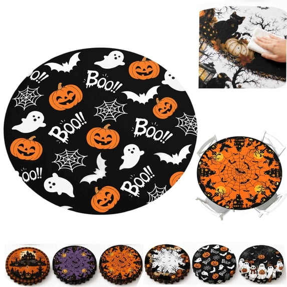 Halloween Round Fitted Tablecloth with Elastic Black Cute Ghost Boo Bat Pumpkin Spooky Circle Table Cloth for 40-44" Tables Scary Holiday Wipeable Washable Table Cover (B-1PCS)