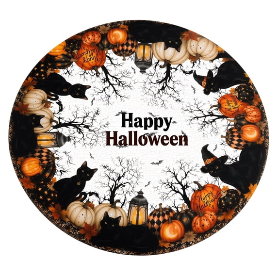 Halloween Round Fitted Tablecloth with Elastic Cute Black Cat Pumpkin Bat Tree Circle Table Cloth Scary Spooky Holiday Wipeable Washable Table Cover for Picnic Dining Outdoor A