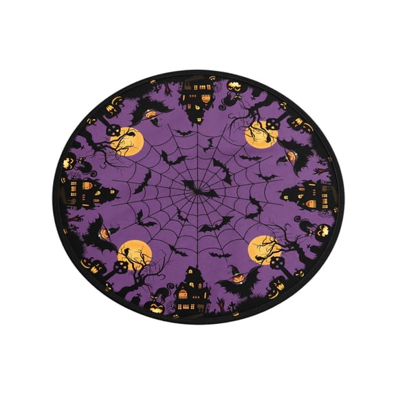 Halloween Round Fitted Tablecloth with Elastic Cute Black Cat Pumpkin Bat Tree Circle Table Cloth Scary Spooky Holiday Wipeable Washable Table Cover for Picnic Dining Outdoor E