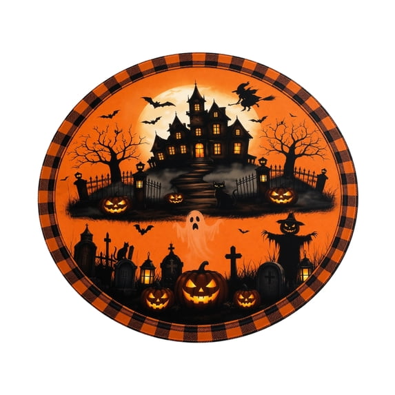 Halloween Round Fitted Tablecloth with Elastic Cute Black Cat Pumpkin Bat Tree Circle Table Cloth Scary Spooky Holiday Wipeable Washable Table Cover for Picnic Dining Outdoor D