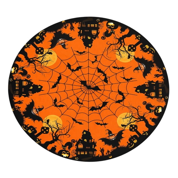 Halloween Round Fitted Tablecloth with Elastic Cute Black Cat Pumpkin Bat Tree Circle Table Cloth Scary Spooky Holiday Wipeable Washable Table Cover for Picnic Dining Outdoor F