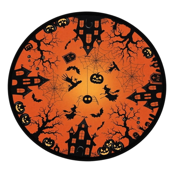 Halloween Round Fitted Tablecloth with Elastic Edge, Non-Slip Spooky Black Orange Pumpkin Skull Bats Table Cover for 44"-48" Stretch Table Cloth for Dinner Indoor Outdoor Party Pati