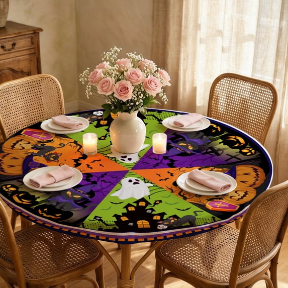Halloween Round Fitted Tablecloth, Elastic Edge Stretch Fabric Table Cover, Spooky Pumpkin Ghost Black Cat Print Tablecloth, Washable Non Slip Circular Table Topper for Dining and Holiday Party