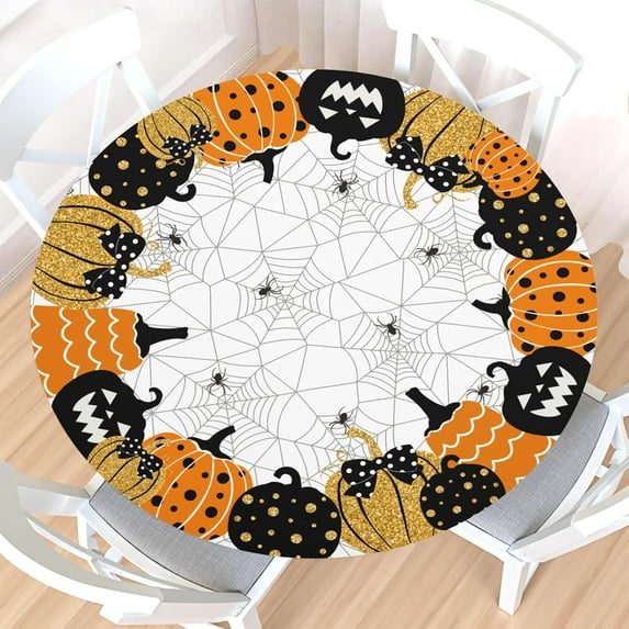 Halloween Round Fitted Tablecloth with Elastic Edge,Water-Resistant Picnic Black Orange Gold Pumpkin Spider Web Table Cover for 48-52" Found Tables Scary Themed Table Cloth for Dinner,Outdoor,Patio
