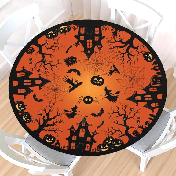 Halloween Round Fitted Tablecloth with Elastic Edge,Water-Resistant Picnic Pumpkin Witch Castle Bat Spider Web Table Cover for 40-44" Found Tables Black Orange Table Cloth for Dinner,Outdoor,Patio