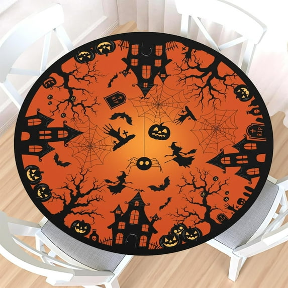 Halloween Round Fitted Tablecloth with Elastic Edge,Water-Resistant Picnic Pumpkin Witch Castle Bat Spider Web Table Cover for 48-52" Found Tables Black Orange Table Cloth for Dinner,Outdoor,Patio