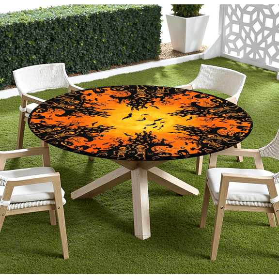 Halloween Round Fitted Tablecloth with Elastic Edge, Water-Resistant Reusable Round Fitted Table Cover for 35-47" Stretch Table Cloth for Dinner Indoor Outdoor Party Patio (121cm/47.6in)