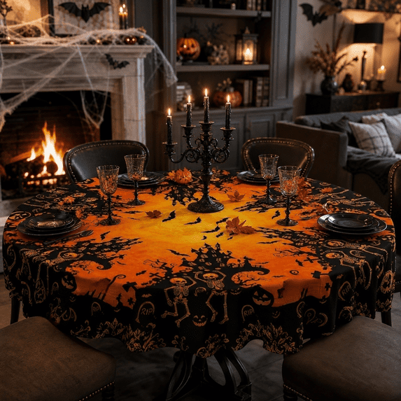 Halloween Round Fitted Tablecloth with Elastic Edge, Waterproof Reusable Spooky Pumpkin Skeleton Bat Table Cover for 40-52 Inch Round Tables, Stretch Halloween Tablecloth B