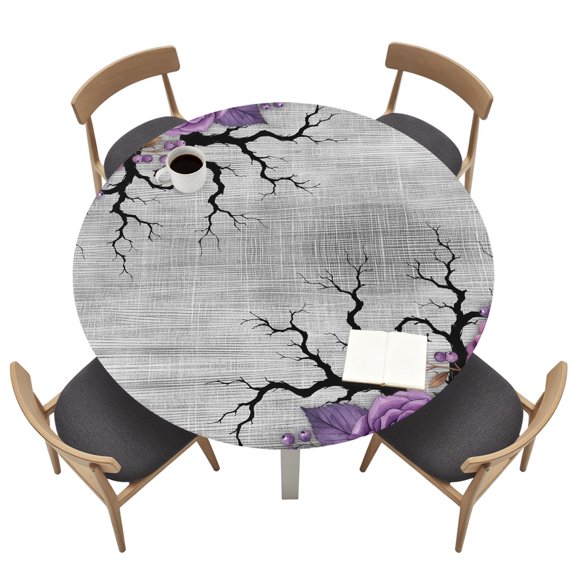 Halloween Round Fitted Tablecloth with Elastic Edged, Evil Flower Bat Linen Texture Gray Waterproof Table Cover for Dinner Outdoor Picnic &nbsp;Fits Round Tables up to 36"- 44" Diameter