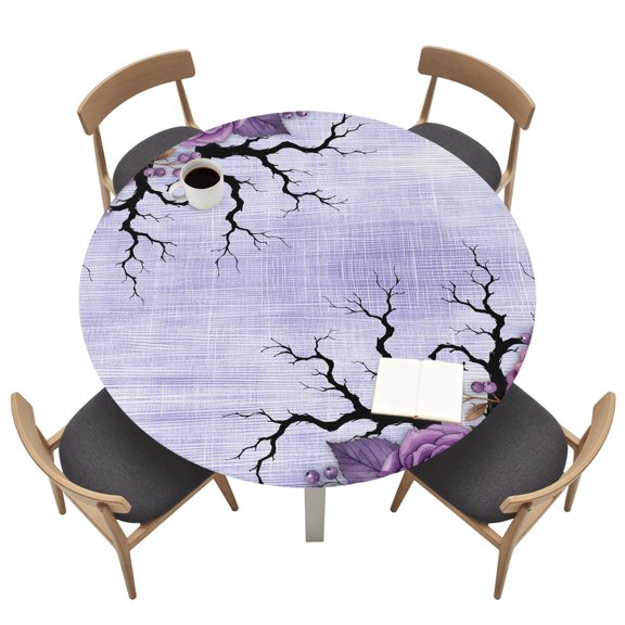 Halloween Round Fitted Tablecloth with Elastic Edged, Evil Flower Bat Linen Texture Purple Waterproof Table Cover for Dinner Outdoor Picnic &nbsp;Fits Round Tables up to 55"- 60" Diameter