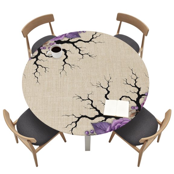 Halloween Round Fitted Tablecloth with Elastic Edged, Evil Flower Bat Linen Texture Waterproof Table Cover for Dinner Outdoor Picnic &nbsp;Fits Round Tables up to 36"- 44" Diameter
