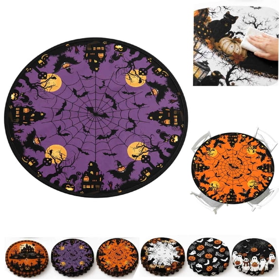 Halloween Round Fitted Tablecloth with Elastic Purple Ghost Bat Castle Spider Web Circle Table Cloth for 40-44" Tables Scary Halloween Holiday Wipeable Washable Table Cover (E-1PCS)