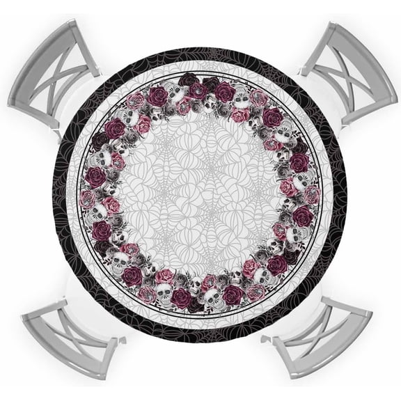 Halloween Round Fitted Tablecloth with Elastic Rose Skull Tablecloths Horror Scary Skeleton Table Cover for Kitchen Dinner Holiday Party Picnic Halloween Decor Fits Tables up to 45"- 52" Diameter