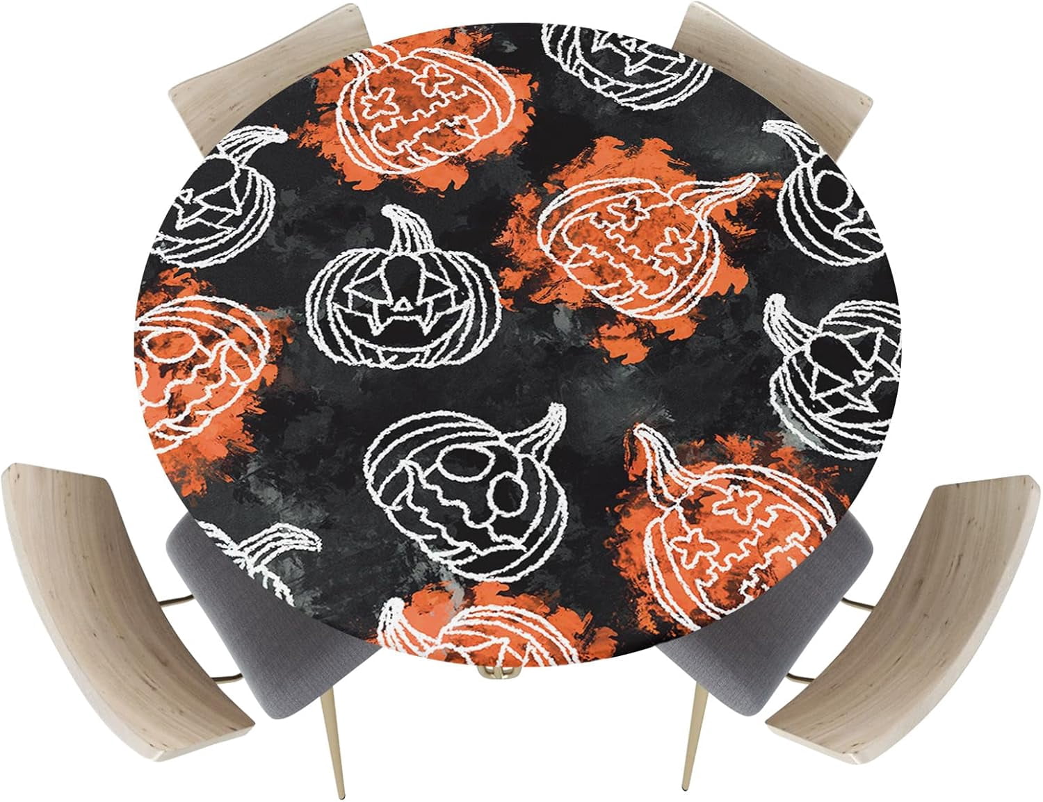 Halloween Round Fitted Tablecloth,Pumpkin Ghost Face Waterproof Elastic Edged Table Cover for Kitchen Dining Indoor Outdoor Holiday Party,Fits 36"-44" Tables,Orange and Black