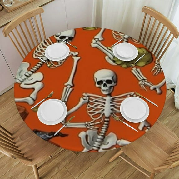 Halloween Round Fitted Tablecloth with Skull Bone Tablecloths Washable Dancing Table Cover