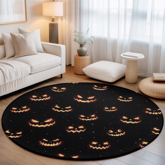 Halloween Round Living Room Rugs 6 ft, Horror Angry Pumpkins Face Glowing Eyes Black Modern Washable Area Rug with Non-Slip Sturdy Edge Binding Round Carpet for Kitchen Office Bedroom