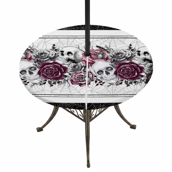 Halloween Round Outdoor Tablecloth with Umbrella Hole Zipper, Black Horror Skull Roses Spi-der Web Vintage Elastic Fitted Table Cover, Waterproof Table Cloth for Patio Picnic Party Fits 54"-60"