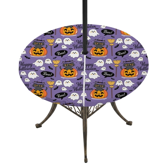 Halloween Round Outdoor Tablecloth with Umbrella Hole Zipper, Orange Pumpkin Funny Ghost Black Cat Purple Elastic Fitted Table Cover, Waterproof Table Cloth for Patio Picnic Party Fits 45"-54"