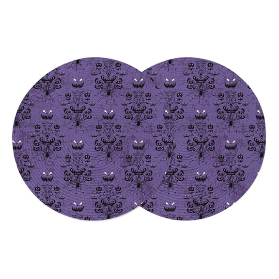Halloween Round Placemats Set of 2, Braided Polypropylene Place Mats, Purple Black Haunted Ghost Fall Autumn Washable Table Mats for Kitchen Dinner Holiday Wedding Party Coffee Table Decoration 13"