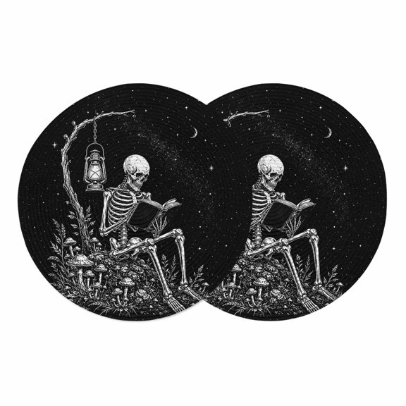 Halloween Round Placemats Set of 2 Vintage Funny Skulls Bone Ghost Rustic Farmhouse Place Mats Indoor Woven Table Mats Washable Heat-Resistance Braided Dining Table Placemats for Kitchen 13 Inch