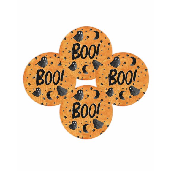 Halloween Round Placemats Set of 4 Black Boo Ghost Place Mats Washable Woven Placemat Spooky Star Moon Orange Circle Braided Table Mat for Kitchen Dining Table Holiday Party Home Decor 15 Inch