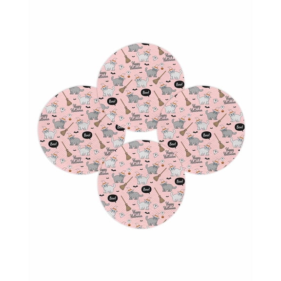 Halloween Round Placemats Set of 4 Boo Funny Cats Ghosts Place Mats Washable Woven Placemat Bats Pumpkin Pink Circle Braided Table Mat for Kitchen Dining Table Holiday Party Home Decor 15 Inch