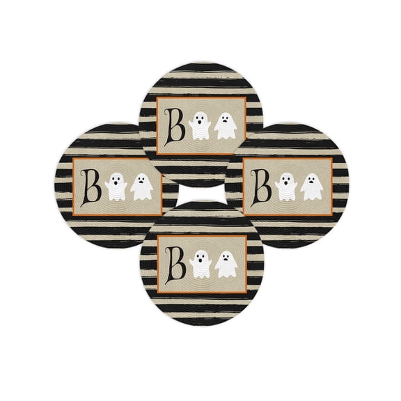 Halloween Round Placemats Set of 4 Boo Ghost Place Mats Washable Woven Placemat Black Stripes Circle Braided Table Mat for Kitchen Dining Table Holiday Party Home Decor 15 Inch
