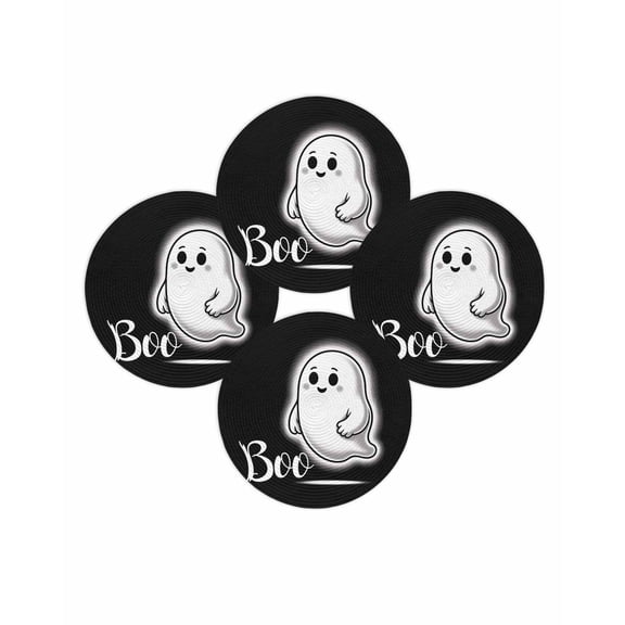 Halloween Round Placemats Set of 4 Boo Ghost Place Mats Washable Woven Placemat Cute Black Backdrop Circle Braided Table Mat for Kitchen Dining Table Holiday Party Home Decor 15 Inch