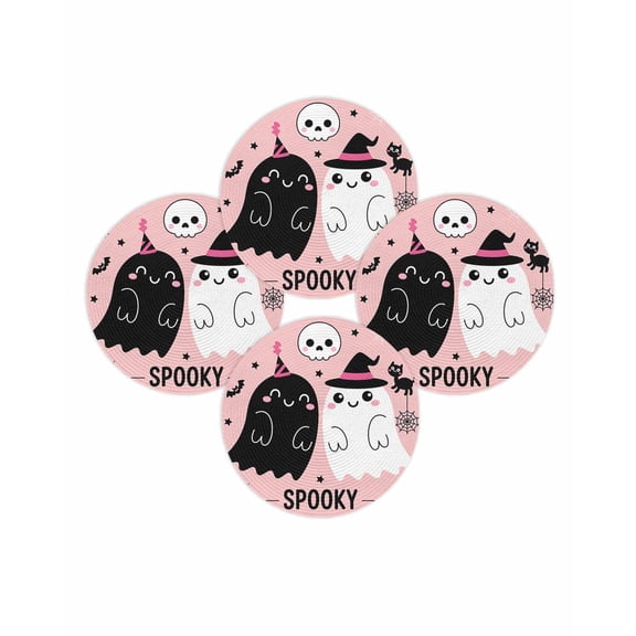 Halloween Round Placemats Set of 4 Cute Ghost Place Mats Washable Woven Placemat Spooky Skull Bat Cat Pumpkin Pink Circle Braided Table Mat for Kitchen Dining Table Holiday Party Home Decor 15 Inch