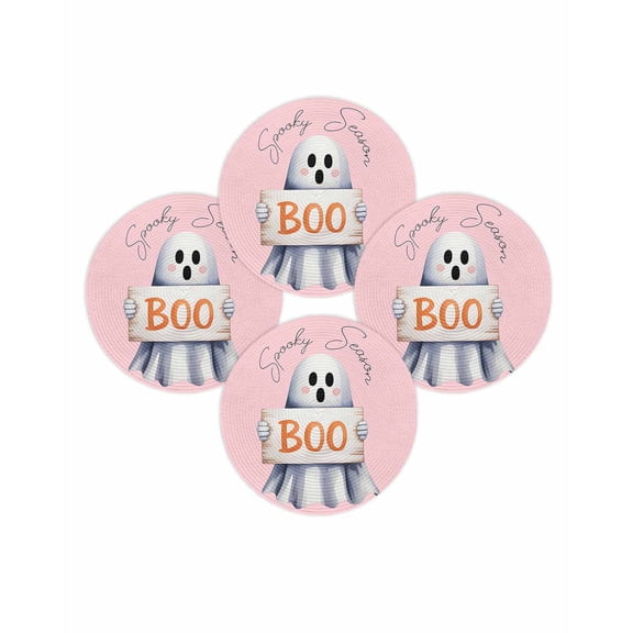 Halloween Round Placemats Set of 4 Pink Ghost Boo Place Mats Washable Woven Placemat Cute Spook Pumpkin Ghost Circle Braided Table Mat for Kitchen Dining Table Holiday Party Home Decor 15 Inch