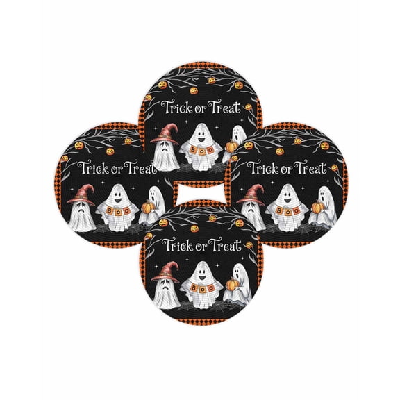 Halloween Round Placemats Set of 4 Pumpkin Boo Ghost Place Mats Washable Woven Placemat Trick Or Treat Orange Black Plaid Circle Braided Table Mat for Kitchen Dining Table Party Home Decor 15 Inch